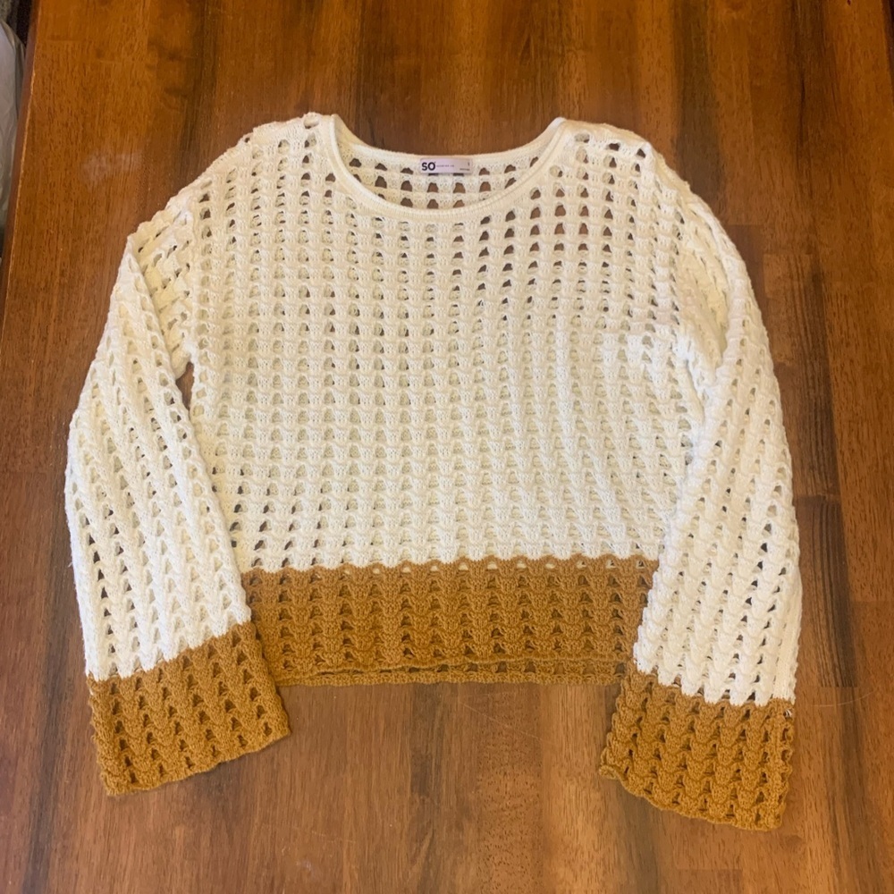 SO Top Small Cream Brown Open Knit Crochet Top Boho Hippie Bell Sleeve
